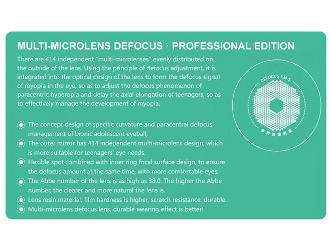 Specification of 1.56/1.60 Defocus Multiple Mico Miyo Smart Kids Myopia Control Lenses